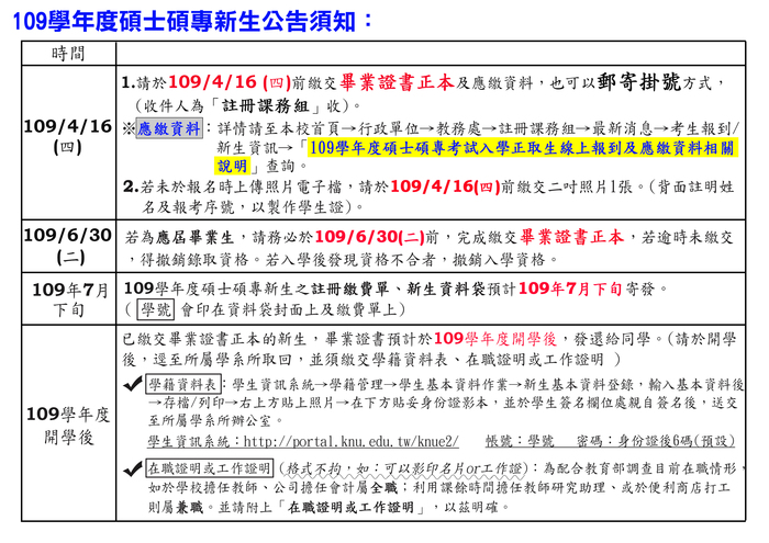 109學年度碩士碩專新生公告需知